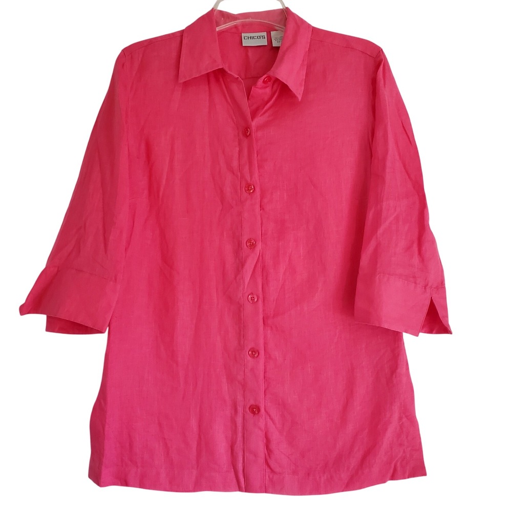 Chicos Womens Linen Top Small  Pink Button Front 3/4 Sleeves‎ Beachy Lightweight